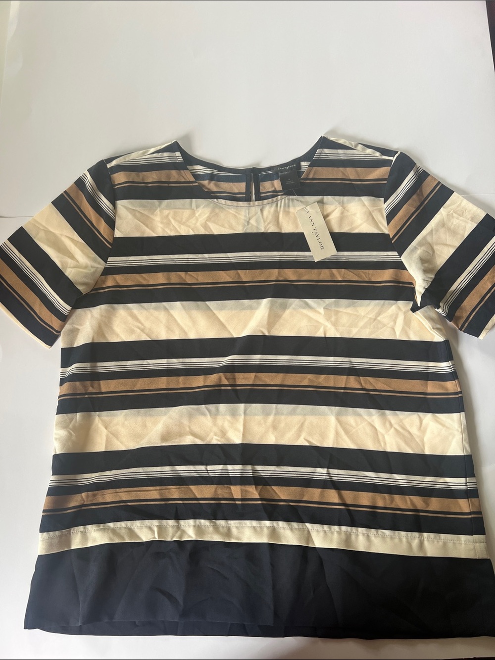 Ann Taylor Striped Short Sleeve Top - Black, Cream, Brown